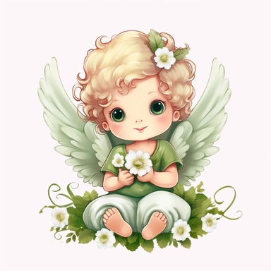 Cute baby angel clipart with flower, green, white background