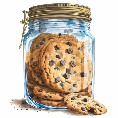 Chocolate chip cookies in mason jar, white background, watercolor, hyperrealism, high detail, separate elements, clipart