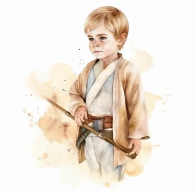 young boy obi van kenobi, star wars movie character, watercolor clipart