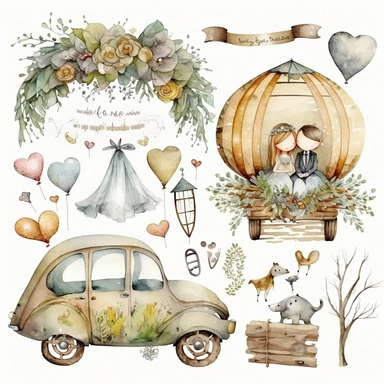 wedding rings tied with a ribbon , cute wedding illustrations clipart set, ILLUSTRATIONS FOR THE BOOK, cartoon elements, different variants, girl with long hair in a wedding veil, wedding, husband and wife Love , Hearts balloons , veil, garland, wooden elements, newlyweds are sitting on a wooden bench , on the wedding beautiful car, white transparent background separate elements with a margin Watercolor