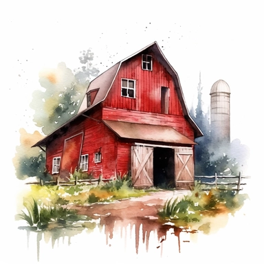 A traditional red barn with a weathered appearance, showcasing the iconic symbol of a farm, light watercolor, watercolor splash, few details, Studio Ghibli, clipart, white background