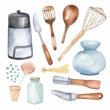 basic watercolor baking tools in minimal hand drawn style, Etsy, textured, clipart, white background