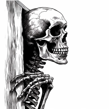 clipart, skeleton looking around corner, spooky, black vector lines, white transparent background