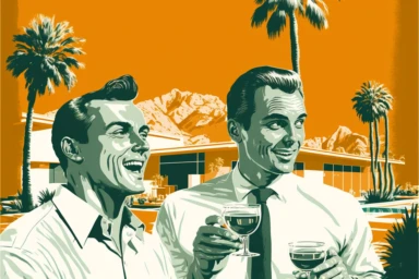 letraset clipart of 2 handsome 40 year old men drinking martinis in palm springs, 1960's, happy, laughing, palm trees, mid century building, pool