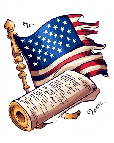Develop a clipart illustration featuring the constitution on a white background that can be used to create unique 4th of July american themed designs. flat image in clipart style. The design should include tha elements of american flag relevant to the 4th of July celebrations