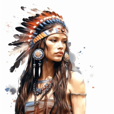american indian girl, watercolor, clipart, white background, hyperrealistic