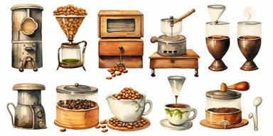 Coffee clip art, coffee beans makers takeaway drawings in watercolour stye and clip art style