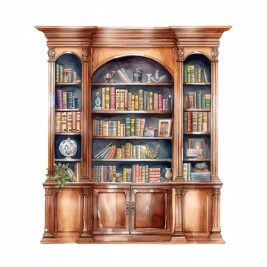 a watercolor of a realistic library bookshelf, victorian style, vector free clipart illustration, in the style of unreal engine 5, 32k uhd, detailed features, white background
