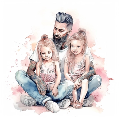 DESIGN A MAGNIFICENT AND EXQUISITE BREATHTAKING ONE-OF-A-KIND HIGH QUALITY HIGHLY DETAILED MASTERPIECE WATERCOLOR CLIPART ILLUSTRATION OF A happy family illustration with a girl in pink sitting next to this guy, in the style of tattoo, photo-realistic drawings, moosa al halyan, dark white and light pink, whitcomb-girls, dadaistic, ferrania p30 WHITE BACKGROUND, NO FONT, NO TEXT, NO WORDS, NO WATERMARK,