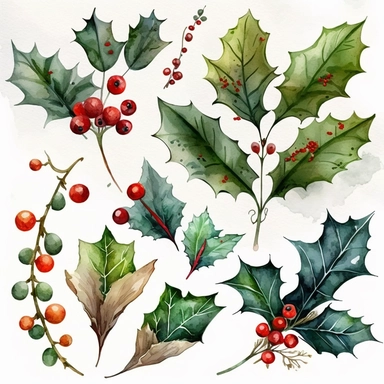 Watercolor set, Christmas holly leaf collection. Green leaves and red holly berries isolated on white background, christmas clipart. winter decoration for postcards, wrapping paper with illustrations