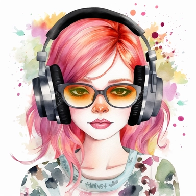 watercolor clipart with wihite background enchanting red haired girl with headphones and black sunglasses on with a beautiful background pastel pinks and black! a fantasy world of world of whimsy and wonder with these detailed and adorable is meticulously designed with charming features, vibrant colors, and intricate details that will captivate both children and adults alike