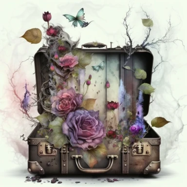 a fairy an opened gothic suitcase full of gothic flowers with watercolour effect, fairy plants, fantastic scene , fantastic gothic roses, suitable for digital clipart , unrealistic