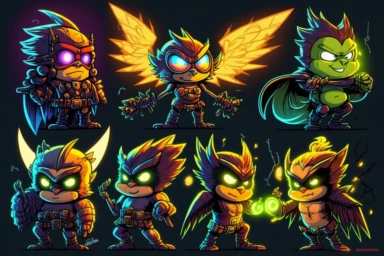 multiple clipart sheet, owl, neon in the style of skottie young, pixar character style
