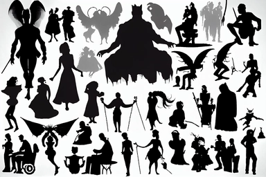 silhouettes of soldiers, priests, devils, fauns, angels, jugglers, cops, clowns, madmen. Bizarre, whimsical, random, victorian, theatrical, funny. Black and white clipart collection, white background