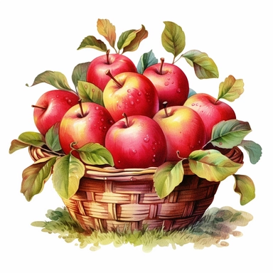 watercolor apple plant clipart, Depict a mature apples plant with ripe fruits ready for picking. Show baskets or bowls filled with plump apples alongside the plant , white background, realistic with high details, beautifully colored with strong palette pa