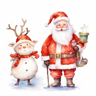 Watercolor Christmas Snowman Santa Mrs. Claus Reindeer Clipart