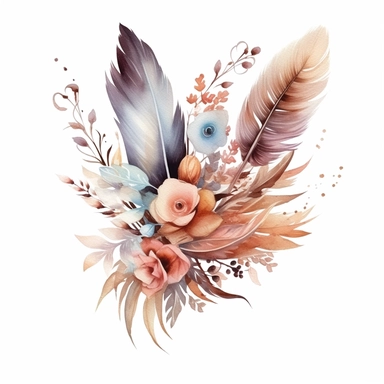watercolor, single bunch of rustic flowers with feathers, bottom left-hand corner scroll ideal for wedding stationery, clipart