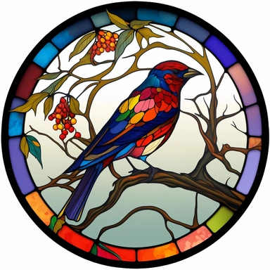 Exotic Bird Colorful Stained Glass Circle Clipart, white background,