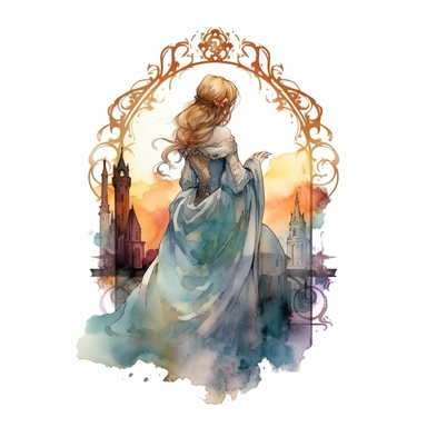 As our creative journey through the medieval era unfolds, we find ourselves immersed in a captivating scene of elegance and romance. Envision a side view of a beautifully dressed young lady, adorned in exquisite medieval attire, standing with grace and poise. Her silhouette is captured in a stunning watercolor clipart, emanating an aura of regality and allure. In this watercolor representation, the young lady stands tall and proud, her figure draped in a gown of opulent fabrics. The delicate bru