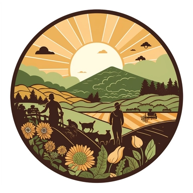 a logo of a diversified farm landscape, showing silhouettes of farmers working, a tractor, a chicken, flowers, trees, in a hilly field, in the far background the sun shines over mountains. use clipart graphic style. Do not enclose the picture in a round frame. Put everything on white background. Use an earthy color palette of mostly brown and green, but also yellow , blue, orange, peach in small amount
