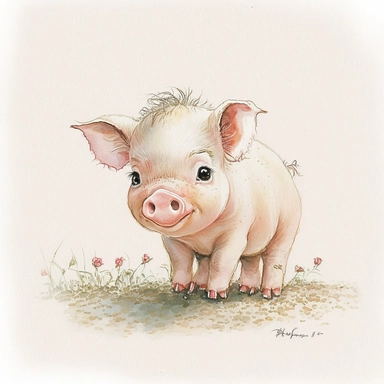 Cute - french style piglet smiling on all fours clipart, pink red hairclip in its hair, 1960, in the style of realistic watercolors, childlike innocence and charm, adorable eyes, rosy cheeks, shy posture, feminine sensibilities, realistic drawing in storybook illustration, pencil drawing by Angela Barrett, Elsa Beskow 300 DPI, valentines day themed, white background