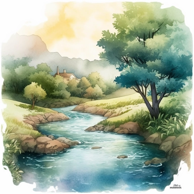 A serene watercolour landscape featuring a gently flowing river surrounded by lush greenery. The style is soft and dreamy, with delicate brushstrokes. The river reflects the colours of the sky and the trees, creating a harmonious and peaceful scene. The clipart is highly detailed, with intricate textures and patterns in the foliage and water. The lighting is soft and natural, casting gentle shadows and highlights on the landscape. Style: Watercolour. Lighting: Soft and natural. Landscape: River 