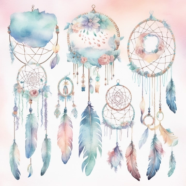 Create a watercolor clipart set of boho-inspired baby items such as dreamcatchers, feather mobiles, and macrame wall hangings. Use soft pastel colors and a white background to make the designs pop, white background