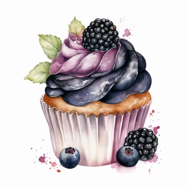 watercolor black berry cupcake clipart, hd