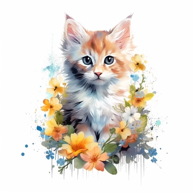 Beautiful colorful full body kitten on flowers, summer vibes, hand drawing digital art, clean design, sublimation, colorful, watercolor style, white background, 4K, extremely detailed, clipart