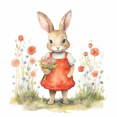 watercolour clipart illustration of cute shy modest bunny looking to the left holding flowers wearing beautiful detailed red summer dress, standing in woodlands background on grass with flowers on white background, in the style of hyper-realistic animal illustrations, i can't believe how beautiful this is, childlike illustrations, close up, earthy tones