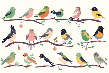 birds vector clipart in dark pastel colors, vector cute collection, in the style of #screenshotsaturday, light green soft pastel background, flat areas of color, flat color blocks, 1970–present, rough-edged 2d animation, lightbox, colorful animation stills, high quality clipart, front view