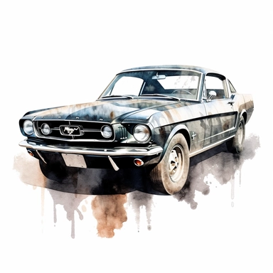 vintage ford mustang black, watercolor, watercolor splashes behind/under the car, high quality, clear and crisp outline, clipart, on white background, no background