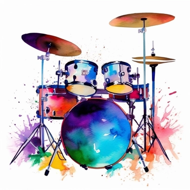 watercolor clipart, one individual drum set, vibrant splash of color, white background