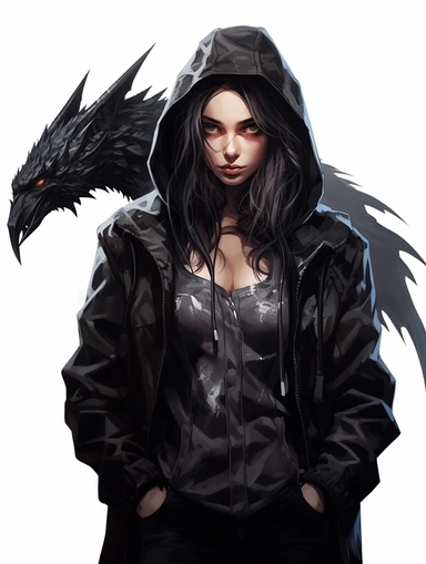 clothing brand logo, Gothic, dragon, Templar, cyberpunk, hooded girl, crow on shoulder, high contrast, white background clipart, clipart png, realistic, digital painting, WHITE BACKGROUND, fantasy style, realistic, painting, watercolor, 8k, ultra details,