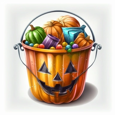 halloween pumpkin trick or treat buckets with CANDY INSIDE. water color and hyperrealistic. white background. no tags. CLIPART
