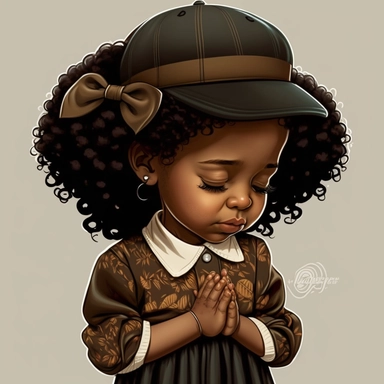 clipart style Afro Latina 7 years old, praying, happy praying hands, curly dark brown hair wearing a beret hat, closed eyes, short sleeve summer dress, dress over the knees.
