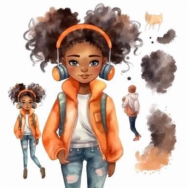 pretty African American girl water color character clipart, cute girl wearing modern style clothing realistic digital art, white background, s1000
