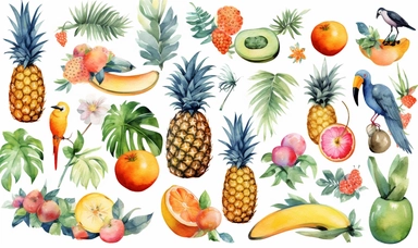 tropical summer watercolour clipart pack, in the style of playful, pool/beach items, fruit, animals, iso 200, oversized objects, uhd image, konica auto s3