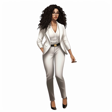 full body gorgeous brown skin female with long black curly hair, with glasses, wearing a white business suit, on a white background, clipart