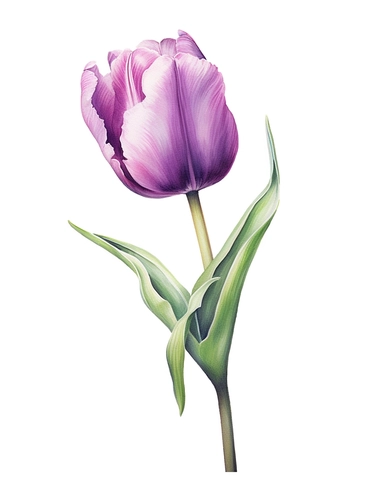 detailed vibrant watercolor art of purple tulip with stem and green leaves , isolated on white background, hyper realistic, dramatic lighting, clipart