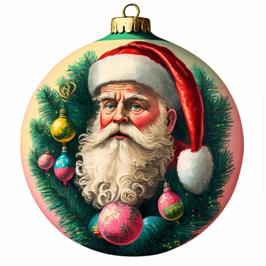 fun vintage santa christmas tree bauble , bright colours, gouache, clipart, white background