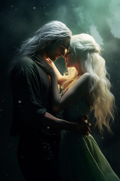 Clipart, just real, cinematic lighting, couple of elf lovers, kiss , white hair, man with medium hair, green eyes, fantasy background, 8k, darkness & light
