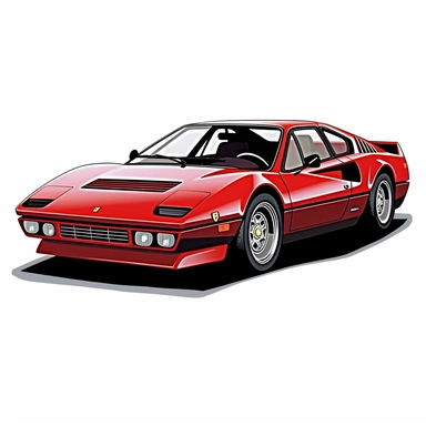 in clipart style, vector image, A meticulously crafted illustration of a red 1975 Ferrari 308 GTB , highlighting its iconic design and graceful contours, placed against pure white background (style: evoking the accuracy and refinement of classic automobile blueprints) (lighting: (colors: an elegant palette for the car's body set against a pristine, white backdrop) (composition: captured from a side view or three-quarter angle using a 35mm lense ensuring enough space is between the car and pictur