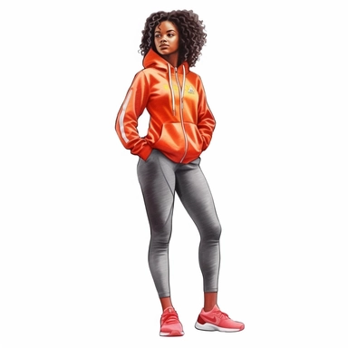 watercolor style, beautiful african american woman wearing tracksuit, hoodie and sneakers, realistic, clipart, isolated on white background, 4K