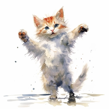 A happy kitten dancing, watercolor painting by JOHN SINGER SARGENT, clipart, white background