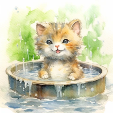 watercolor illustration, kitten smiling with an open mouth and with a towel over the head and enjoying a hot spring, surrounded by gentle steam rising from the onsen water, feeling the pleasant sensation. Small bubbles dance through its fur, creating a mysterious yet beautiful sight. The cat stretches out, gradually unwinding, as the warmth of the onsen melts away the tension in its muscles. It gracefully savors the serene atmosphere and the gentle touch of nature, embracing the tranquility of t
