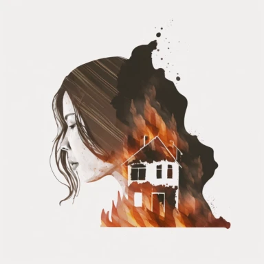 Asian woman remembering house on fire, transparent white background, flat clipart style