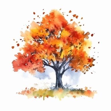 watercolor style, autumn tree in the part with falling leaves, clipart isolated on white background, 4K