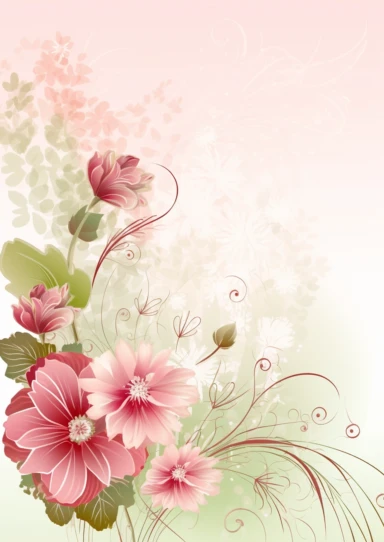 pink flowers clipart, flower borders, clip art with flowers, in the style of layered translucency, use of paper, romanticized views, innovative page design, stockphoto, light maroon and green, romantic scenery