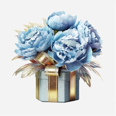 Watercolour realistic pastel blue iridescent glitter peonies in flower bouquet box with delicate ribbon bow wrapped around it intricately realistically detailed pastel blue peonies, PNG image,transparent background ,ultra highly detailed, 18k, sharp focus, bright photo with vibrant colours, digitally enhanced,photographic, enhanced graphics, png format, straight, sharp focus, bright lighting, intricate detailed png image ,high definition,300dpi,graphic clipart,computer graphics
